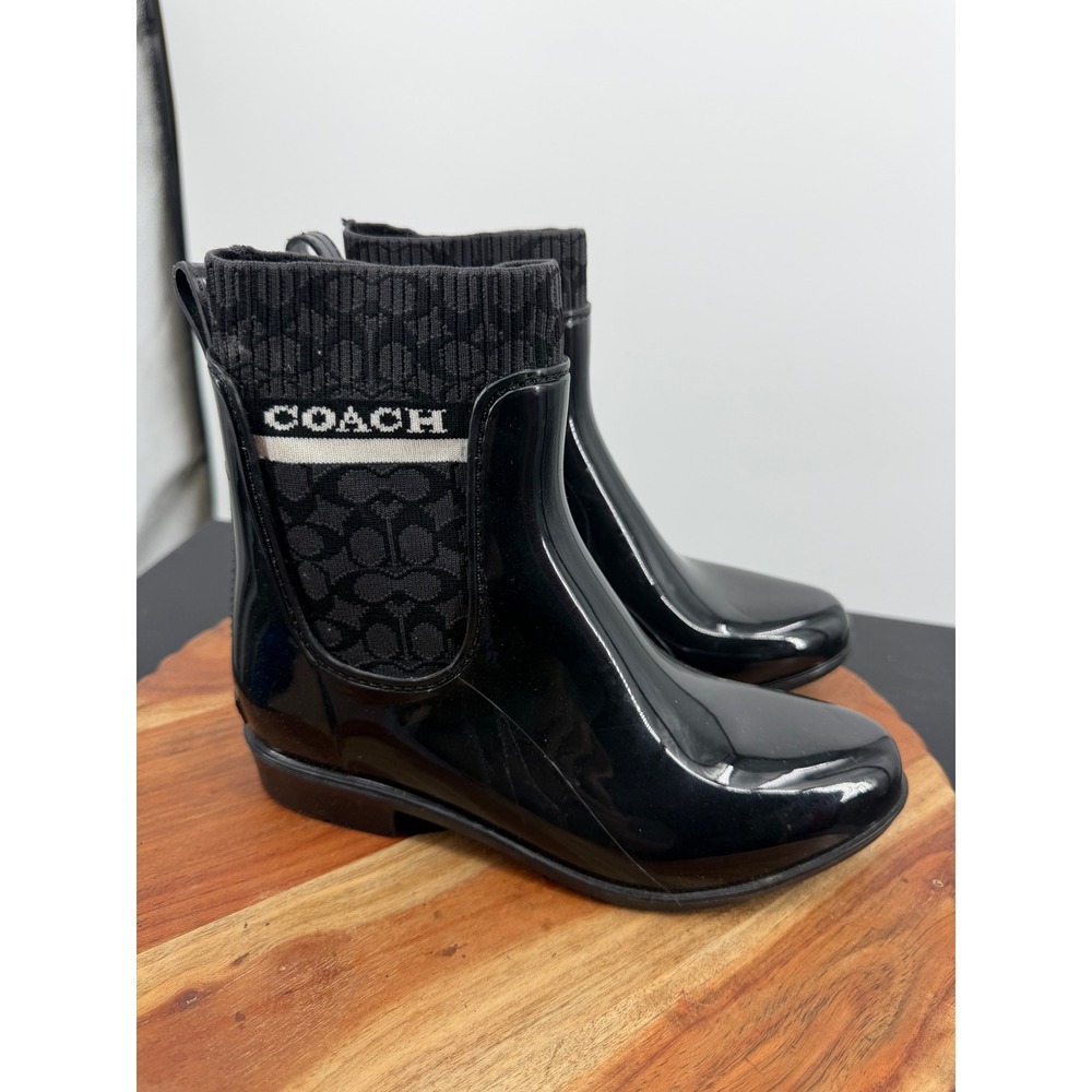 Coach Rivington Rain Boot Women 6 Black Signature Knit Sock Ankle Waterproof